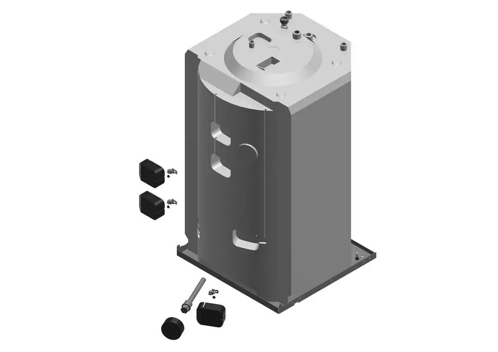 Bosch Behälter mit rechteckiger Form und öffentlichem Deckel, zeigt Montageschrauben und Zusatzteile. Abgebildet sind außerdem schwarze Kappen und eine Schraube.